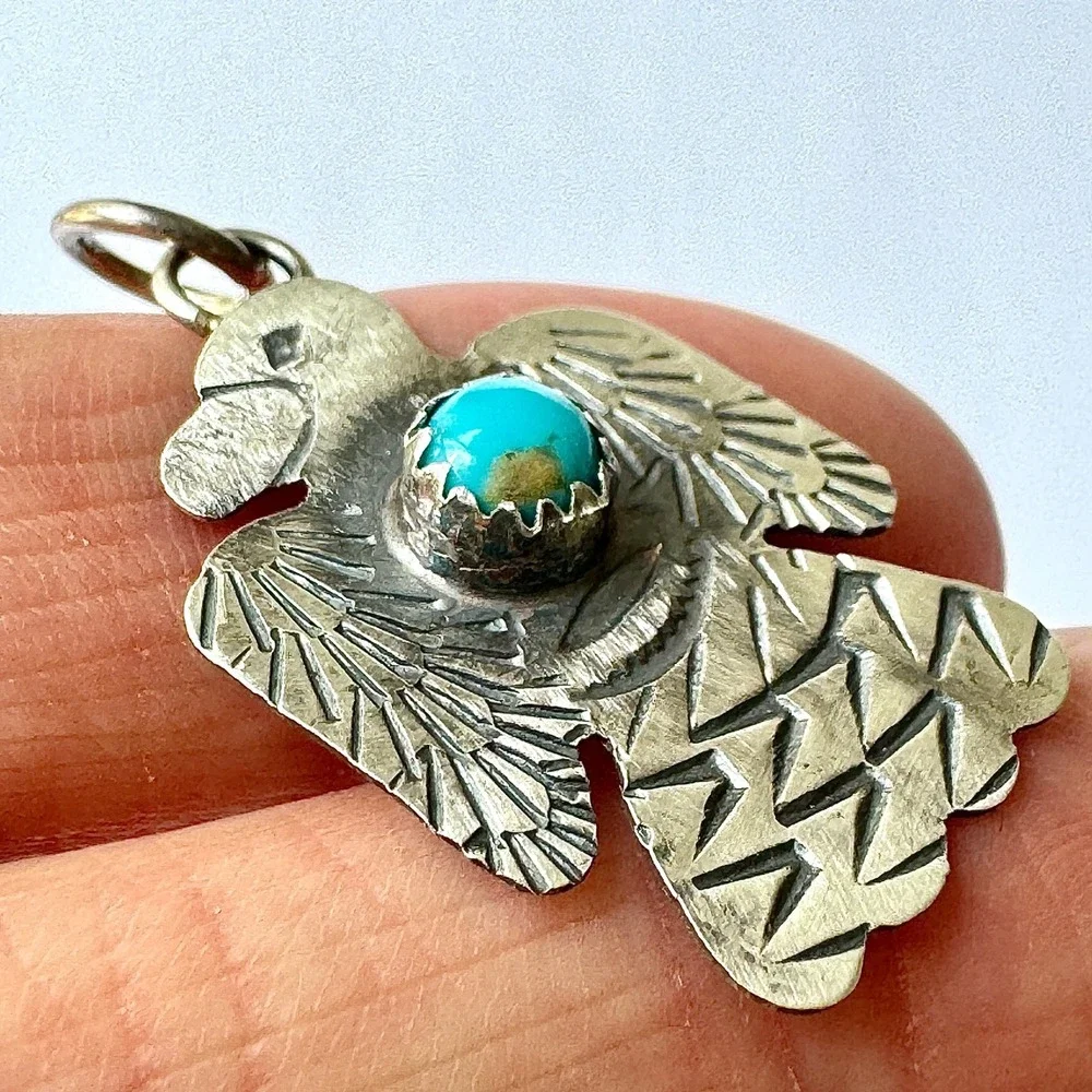 Navajo Thunderbird Pendant Turquoise 1.25in Signed Yazzie Stamped Matte Sterling